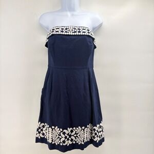 Vineyard Vines Womens Navy Blue Embroidered Strapless Cotton Mini Dress Size 6
